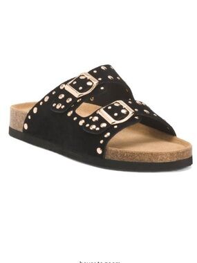 Greystone Black Studded Dual-Buckle Slide Sandal